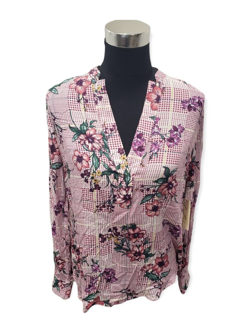 Love Potion Ivory & Plum Floral Design Long Sleeved V Neck Light Weight Blouse